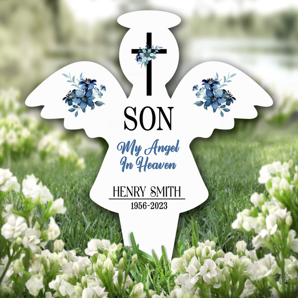 Angel Son Blue Floral Remembrance Garden Plaque Grave Marker Memorial Stake