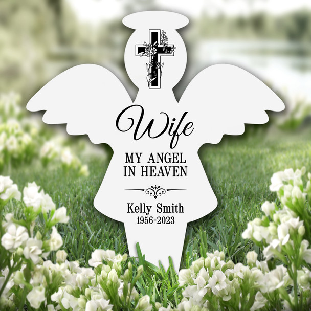 Angel Wife Floral Black Cross Remembrance Garden Plaque Grave Memorial Stake