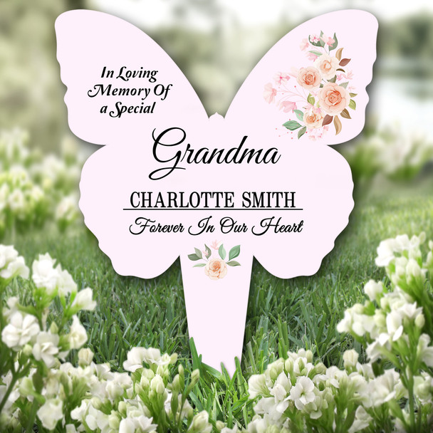 Butterfly Pink Grandma Rose Floral Remembrance Plaque Grave Memorial Stake