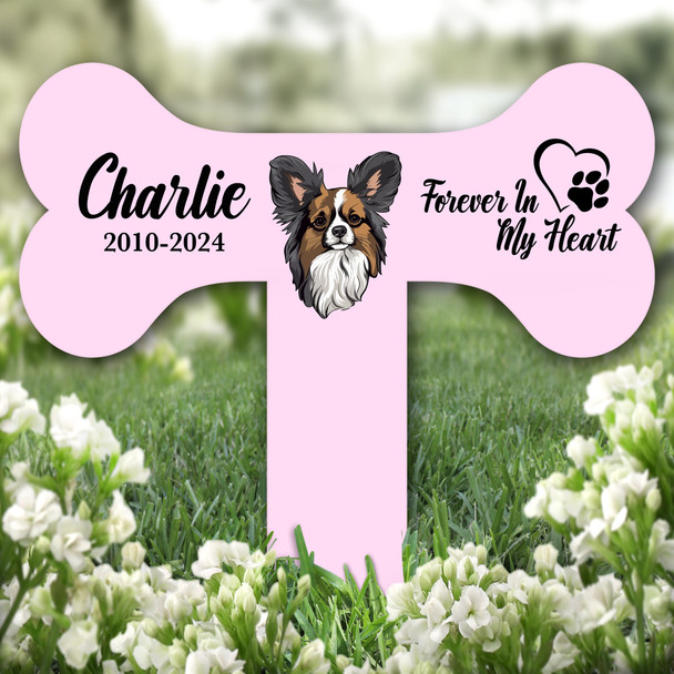 Bone Pink Papillon Dog Heart Pet Remembrance Grave Garden Plaque Memorial Stake