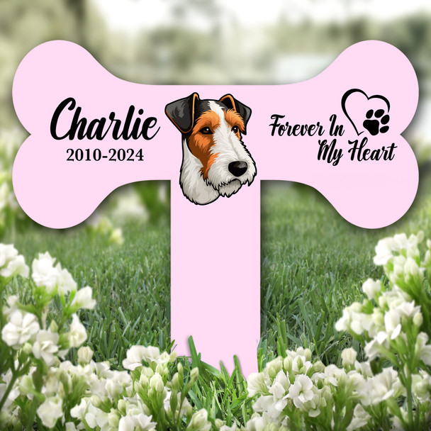 Bone Pink Fox Terrier Dog Heart Pet Remembrance Grave Plaque Memorial Stake