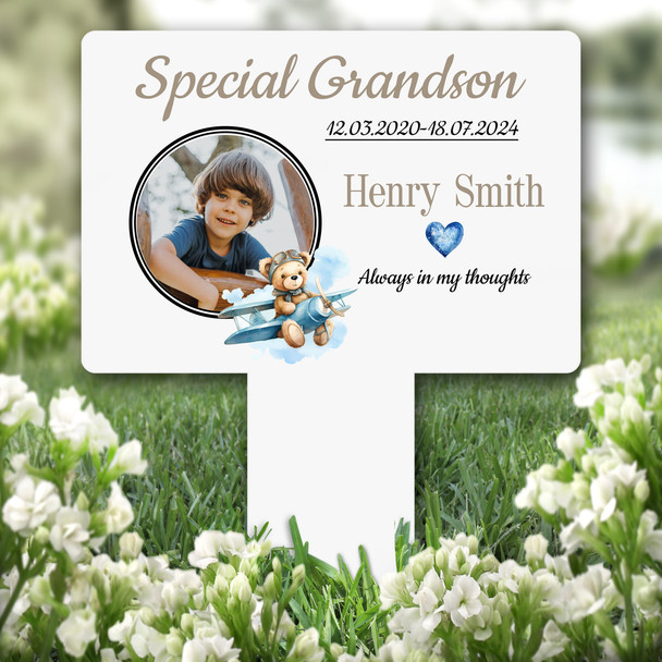Grandson Teddy Bear Flying Plane Photo Remembrance Grave Plaque Memorial Stake