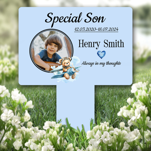 Son Teddy Bear Flying Plane Photo Blue Remembrance Grave Plaque Memorial Stake