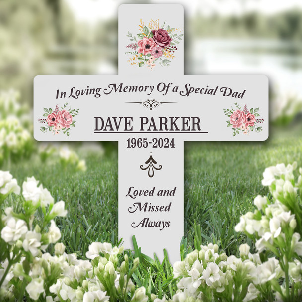 Cross Dad Grey Pink Floral Remembrance Garden Plaque Grave Marker Memorial Stake