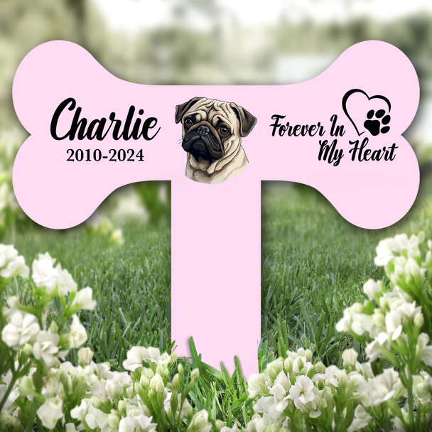 Bone Pink Pug Dog Heart Pet Remembrance Garden Plaque Grave Memorial Stake