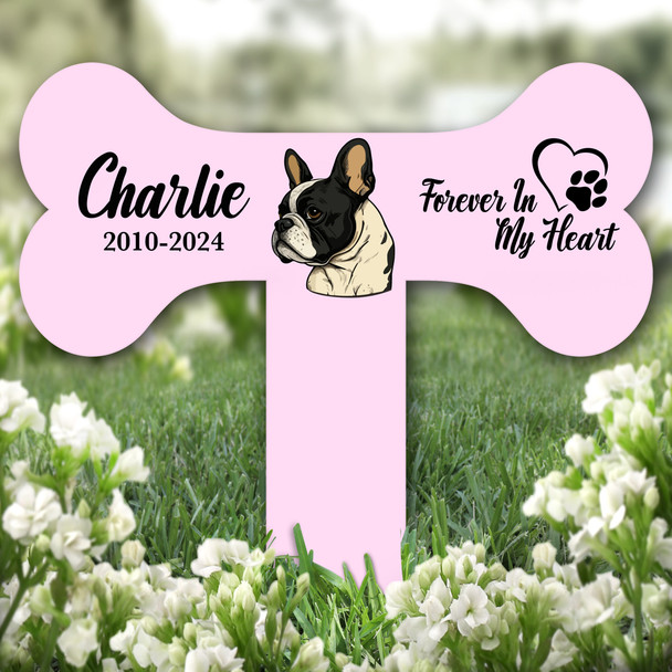Bone Pink French Bulldog Heart Pet Remembrance Grave Plaque Memorial Stake