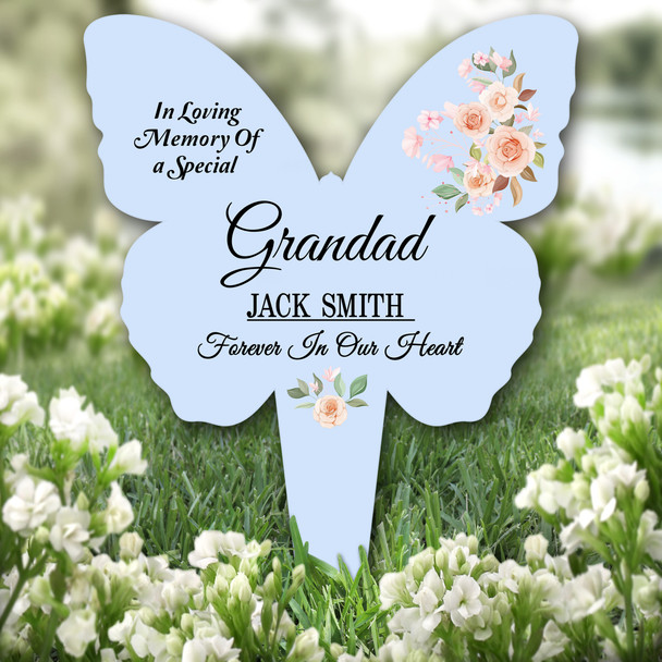 Butterfly Blue Grandad Rose Floral Remembrance Plaque Grave Memorial Stake