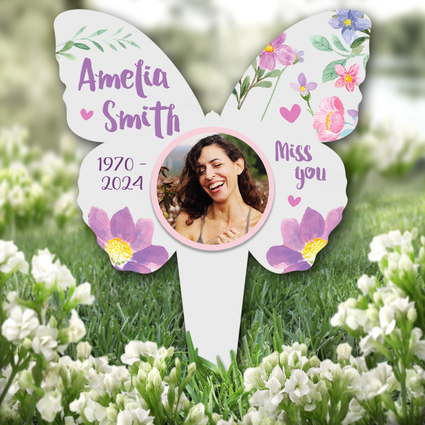 Butterfly Miss You Grey Flower Photo Remembrance Plaque Grave Memorial Stake