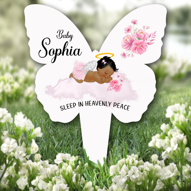 Butterfly Dark Skin Baby Girl Pink Remembrance Plaque Grave Memorial Stake