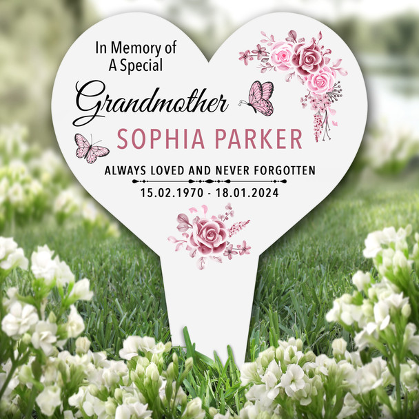 Heart Grandmother Pink Floral Remembrance Garden Plaque Grave Memorial Stake