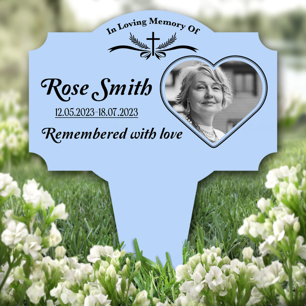 Blue Black Cross Heart Photo Remembrance Grave Garden Plaque Memorial Stake