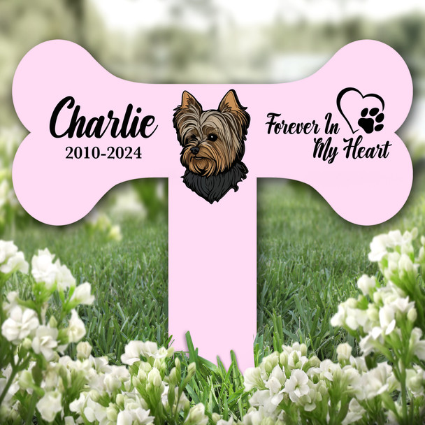 Bone Pink Yorkshire Terrier Dog Heart Pet Grave Garden Plaque Memorial Stake