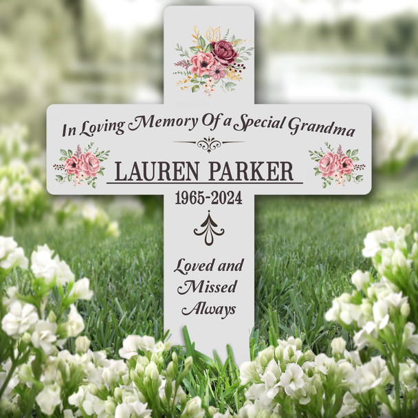 Cross Grandma Grey Pink Floral Remembrance Garden Plaque Grave Memorial Stake