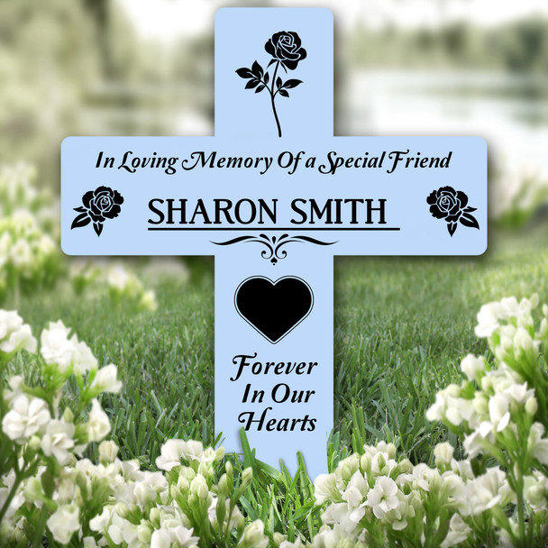Cross Blue Friend Black Rose Remembrance Garden Plaque Grave Memorial Stake