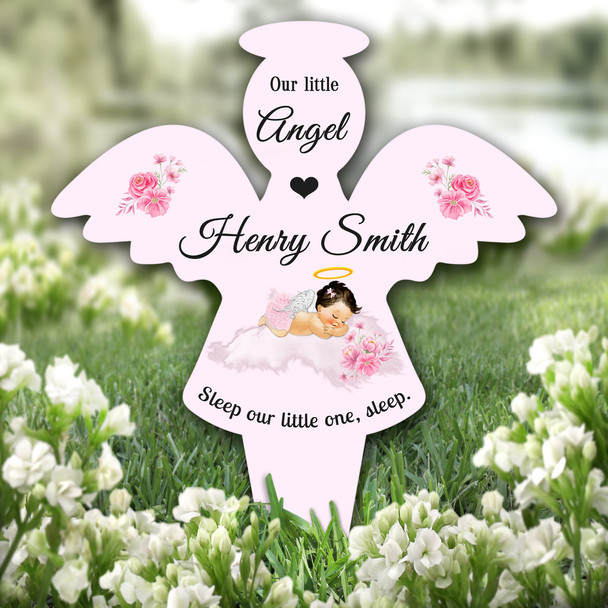 Angel Pink Light Skin Brown Hair Baby Girl Grave Garden Plaque Memorial Stake