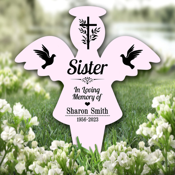Angel Pink Sister Black Doves Cross Remembrance Grave Plaque Memorial Stake