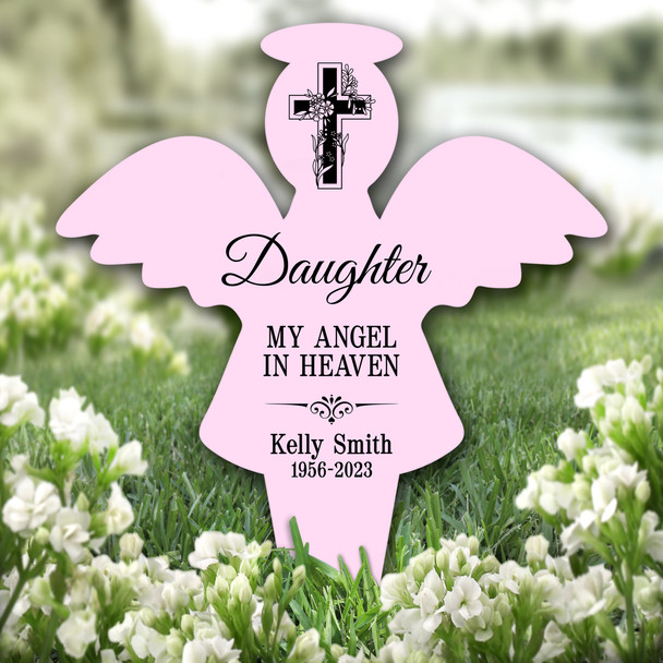 Angel Pink Daughter Black Cross Remembrance Garden Plaque Grave Memorial Stake