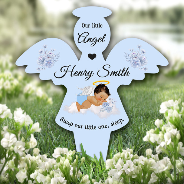 Angel Blue Brown Hair Baby Boy Wings Remembrance Grave Plaque Memorial Stake