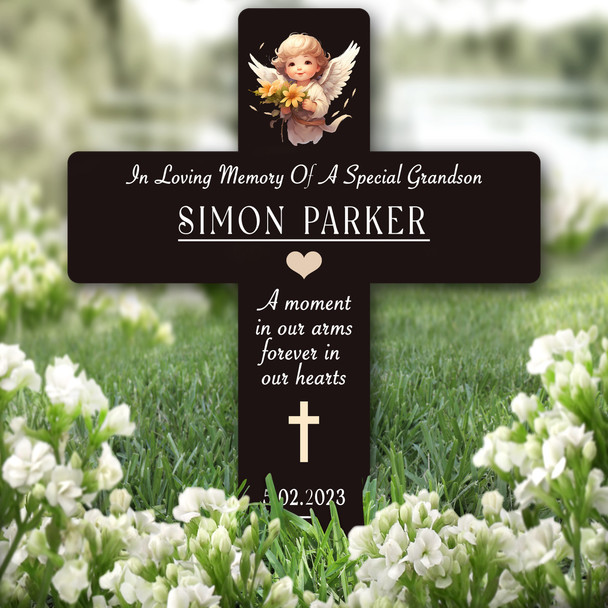 Cross Grandson Black Baby Angel Remembrance Garden Plaque Grave Memorial Stake