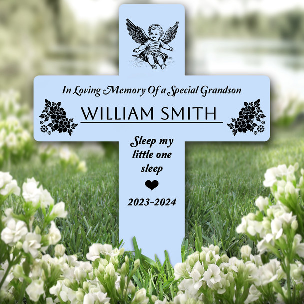 Cross Blue Grandson Baby Angel Black Remembrance Grave Plaque Memorial Stake