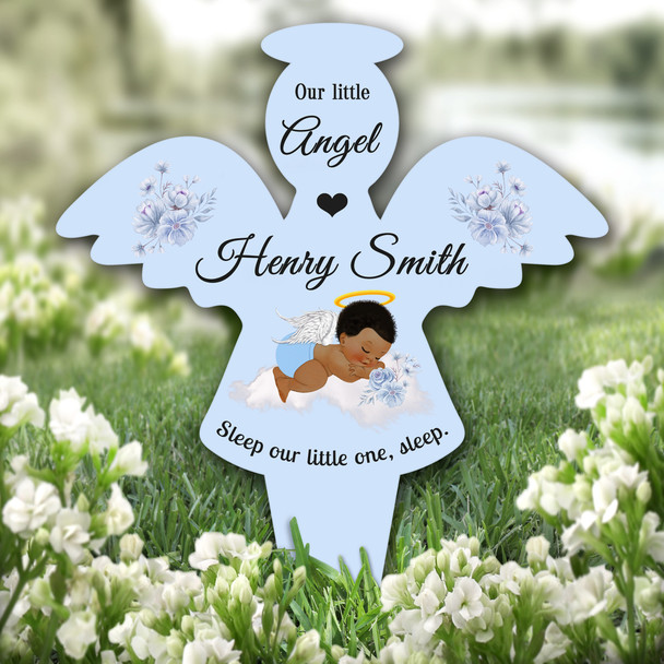 Angel Blue Dark Skin Hair Baby Boy Wings Grave Garden Plaque Memorial Stake