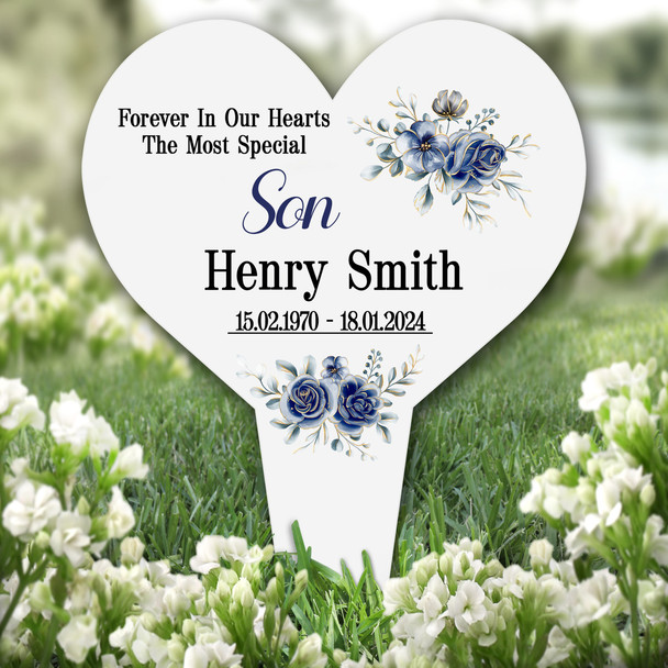Heart Special Son Blue Floral Remembrance Garden Plaque Grave Memorial Stake