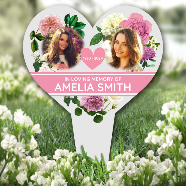 Heart Pink Flower Wreath Photo Grey Remembrance Grave Plaque Memorial Stake