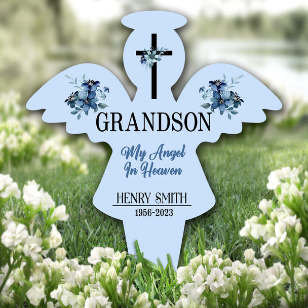 Angel Blue Grandson Floral Remembrance Garden Plaque Grave Marker Memorial Stake