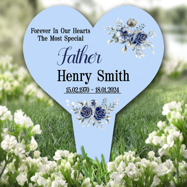 Heart Special Father Floral Blue Remembrance Garden Plaque Grave Memorial Stake