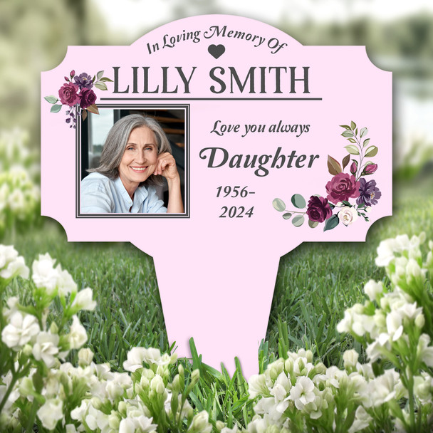 Pink Daughter Floral Photo Remembrance Garden Plaque Grave Marker Memorial Stake