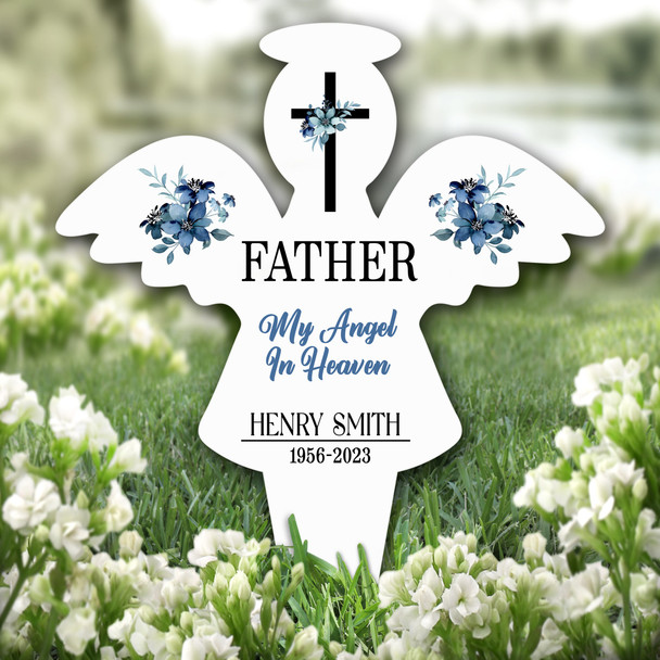 Angel Father Blue Floral Remembrance Garden Plaque Grave Marker Memorial Stake