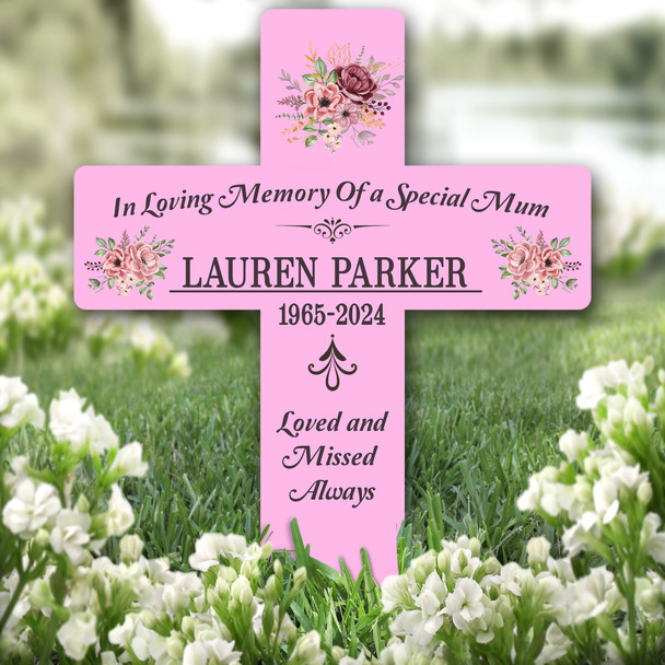 Cross Pink Mum Grey Pink Floral Remembrance Garden Plaque Grave Memorial Stake
