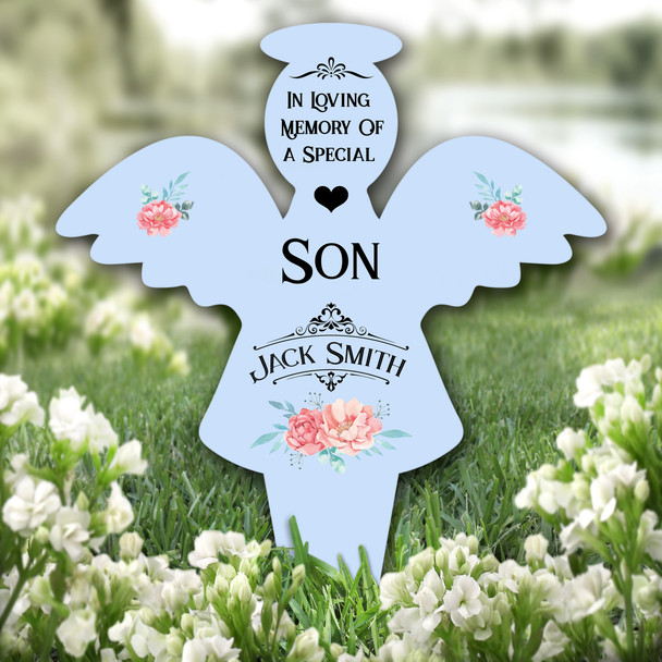 Angel Blue Special Son Floral Remembrance Garden Plaque Grave Memorial Stake