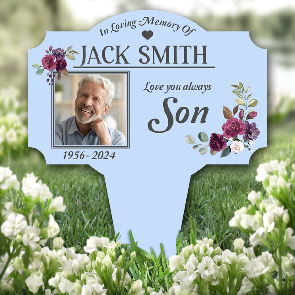 Blue Son Floral Photo Remembrance Garden Plaque Grave Marker Memorial Stake