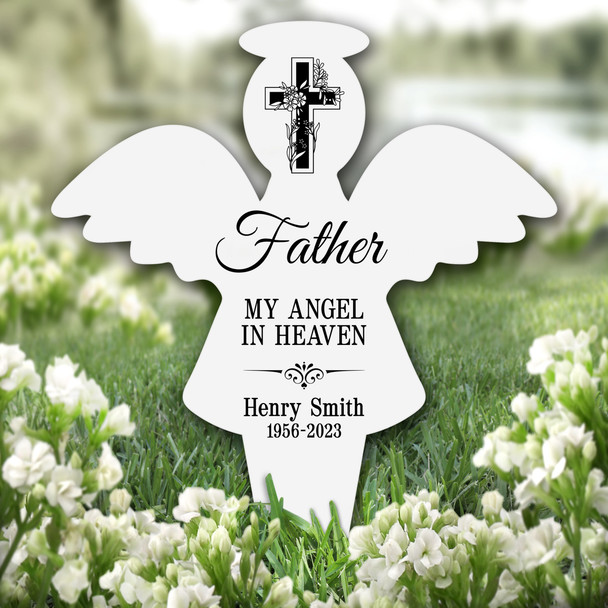 Angel Father Floral Black Cross Remembrance Garden Plaque Grave Memorial Stake