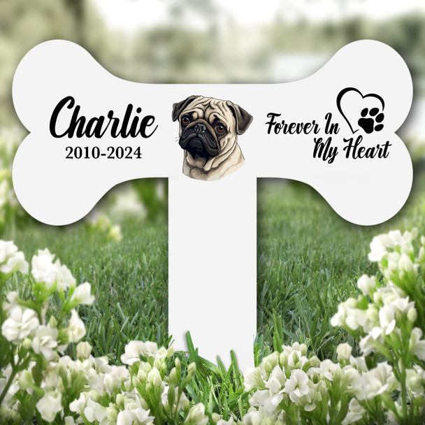 Bone Pug Dog Heart Pet Remembrance Garden Plaque Grave Marker Memorial Stake