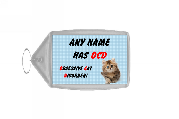 Funny Obsessive Disorder Cat Blue Personalised Large Keyring