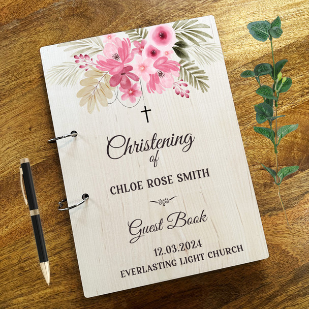 Wood Watercolour Pink Floral Cross Message Notes Keepsake Christening Guest Book
