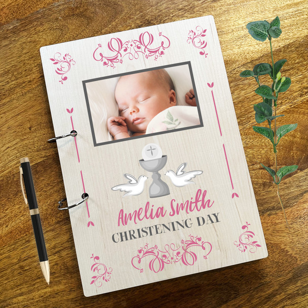 Wood Pink Girl Church Dove Photo Message Notes Keepsake Christening Guest Book