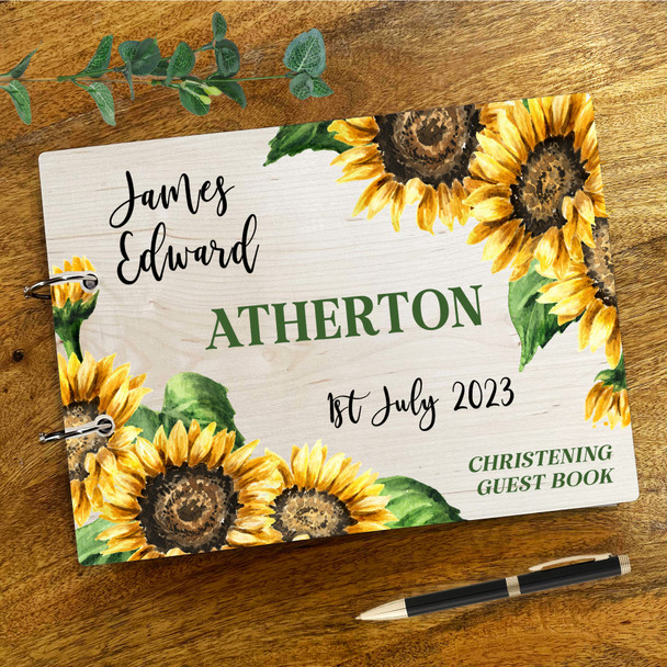 Wood Vintage Sunflower Corners Message Notes Keepsake Christening Guest Book