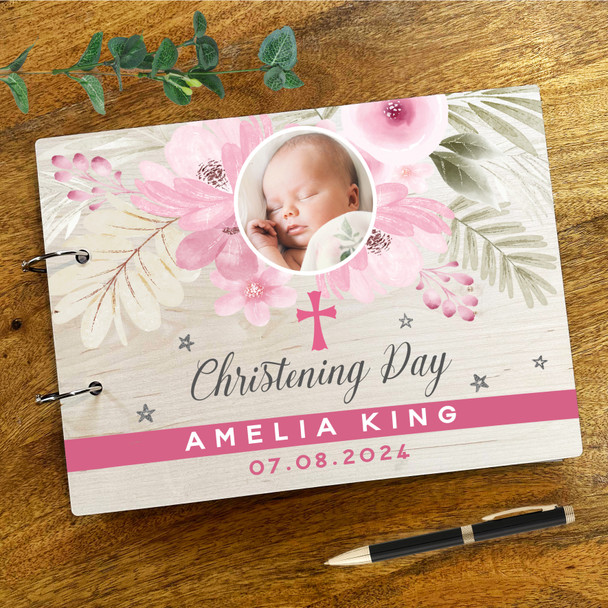 Wood Pink Flowers Girl Photo Message Notes Keepsake Christening Guest Book