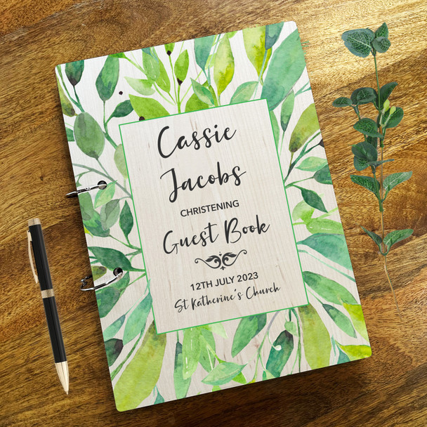 Wood Beautiful Green Leaves Message Notes Keepsake Christening Guest Book