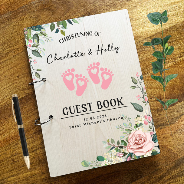 Wood Pink Twins Baby Feet Message Notes Keepsake Christening Guest Book