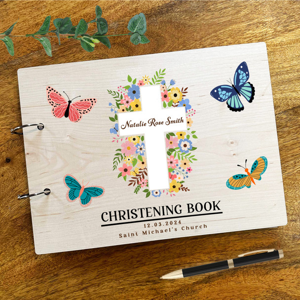 Wood Floral Cross Message Notes Baby Keepsake Christening Guest Book