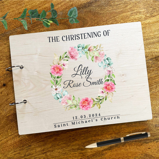 Wood Floral Wreath Message Notes Keepsake Christening Guest Book