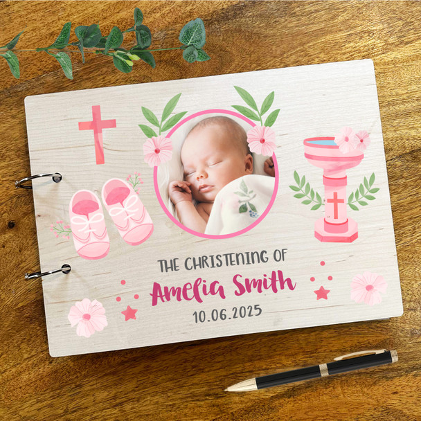 Wood Pink Photo Message Notes Keepsake Christening Guest Book