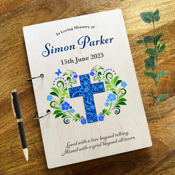 Wood Blue Floral Cross Sympathy In Loving Memory Funeral Condolence Guest Book