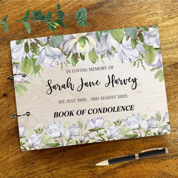 Wood Magnolia Flowers Sympathy In Loving Memory Funeral Condolence Guest Book