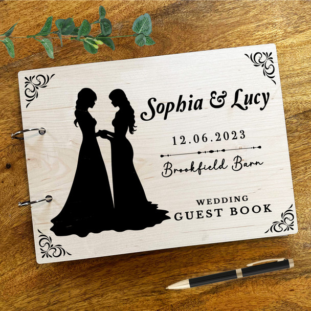 Wood Lesbian Gay Wedding Silhouette Message Notes Keepsake Wedding Guest Book