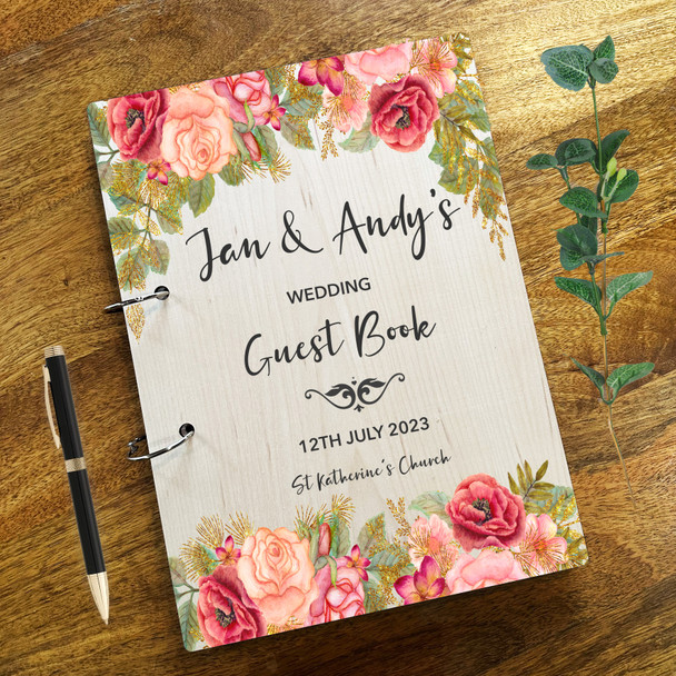 Wood Pretty Pink Roses Pretty Message Notes Keepsake Wedding Guest Book